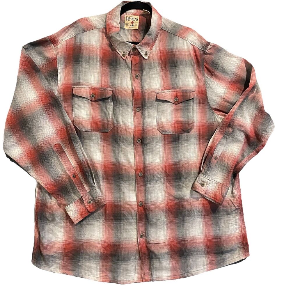 Red Head Shirt Mens 2XL Red GrayWhite Plaid Long Sleeve Button Front Pockets